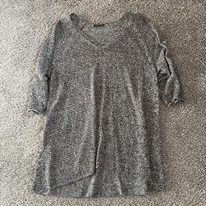 Eileen Fisher Black Gray Wool Linen Blend 3/4 Sleeve V Neck Tunic Top XL X-Large